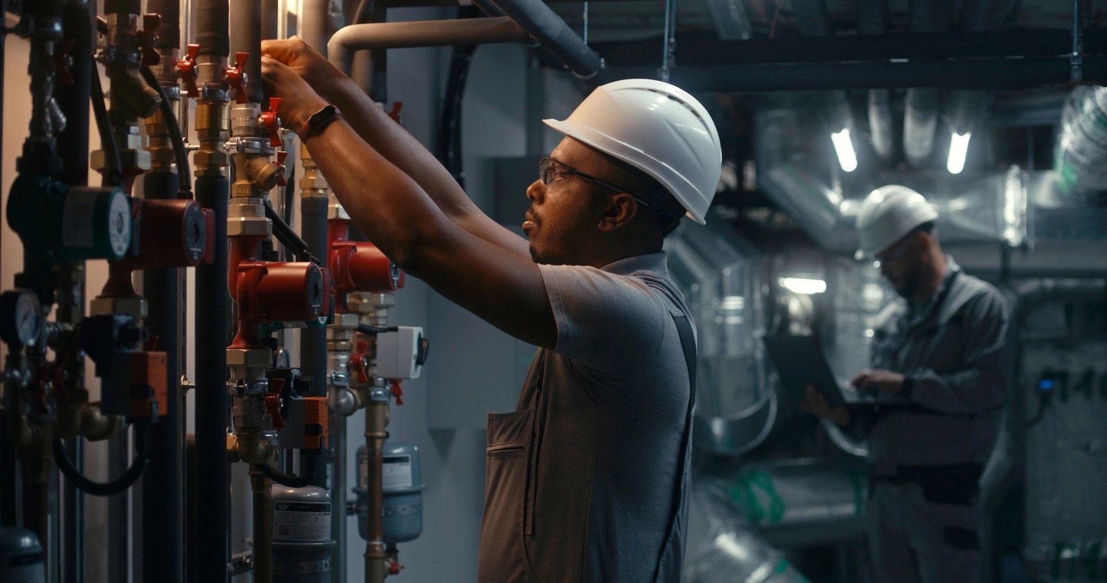 Technician inspecting commercial mechanical equipment