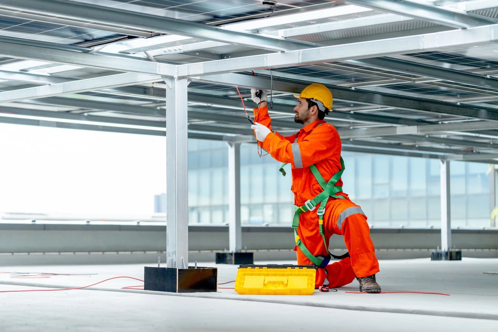 Technician working on rooftop mechanical equipment